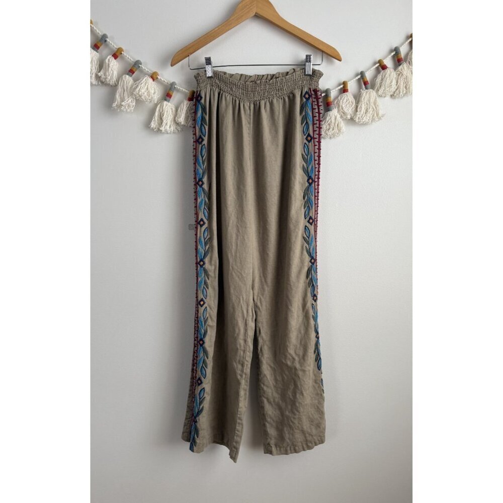 Johnny Was Izamel Embroidered Wide Leg Slit Pull On Linen Pants Coastal Boho S